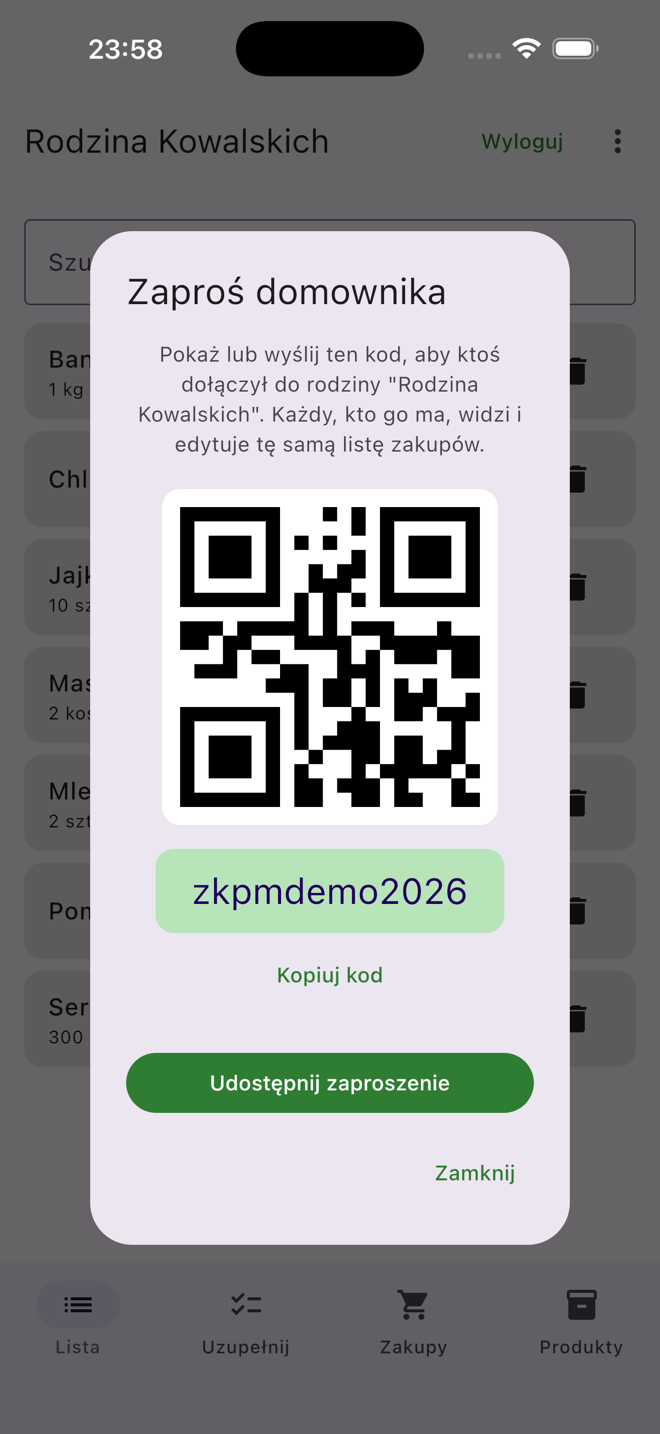 Ekran zaproszenia w Zakupomacie — kod QR i kod dostępu do udostępnienia domownikowi.